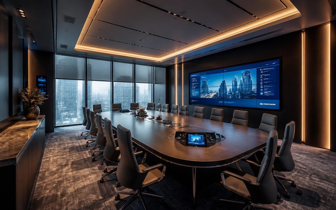 Executive boardroom with integrated automation and video conferencing