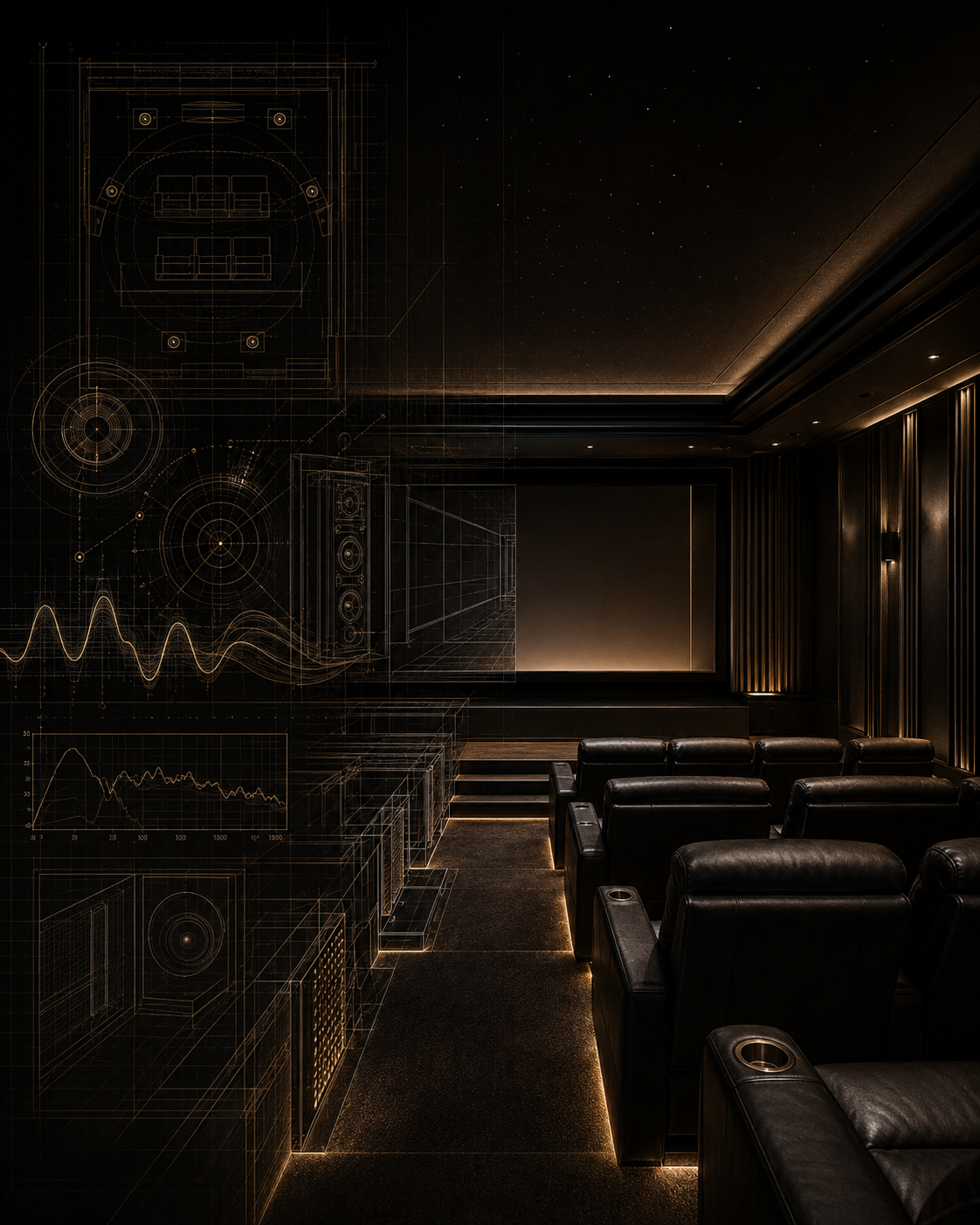 Private cinema rendered alongside acoustic blueprint and speaker schematics