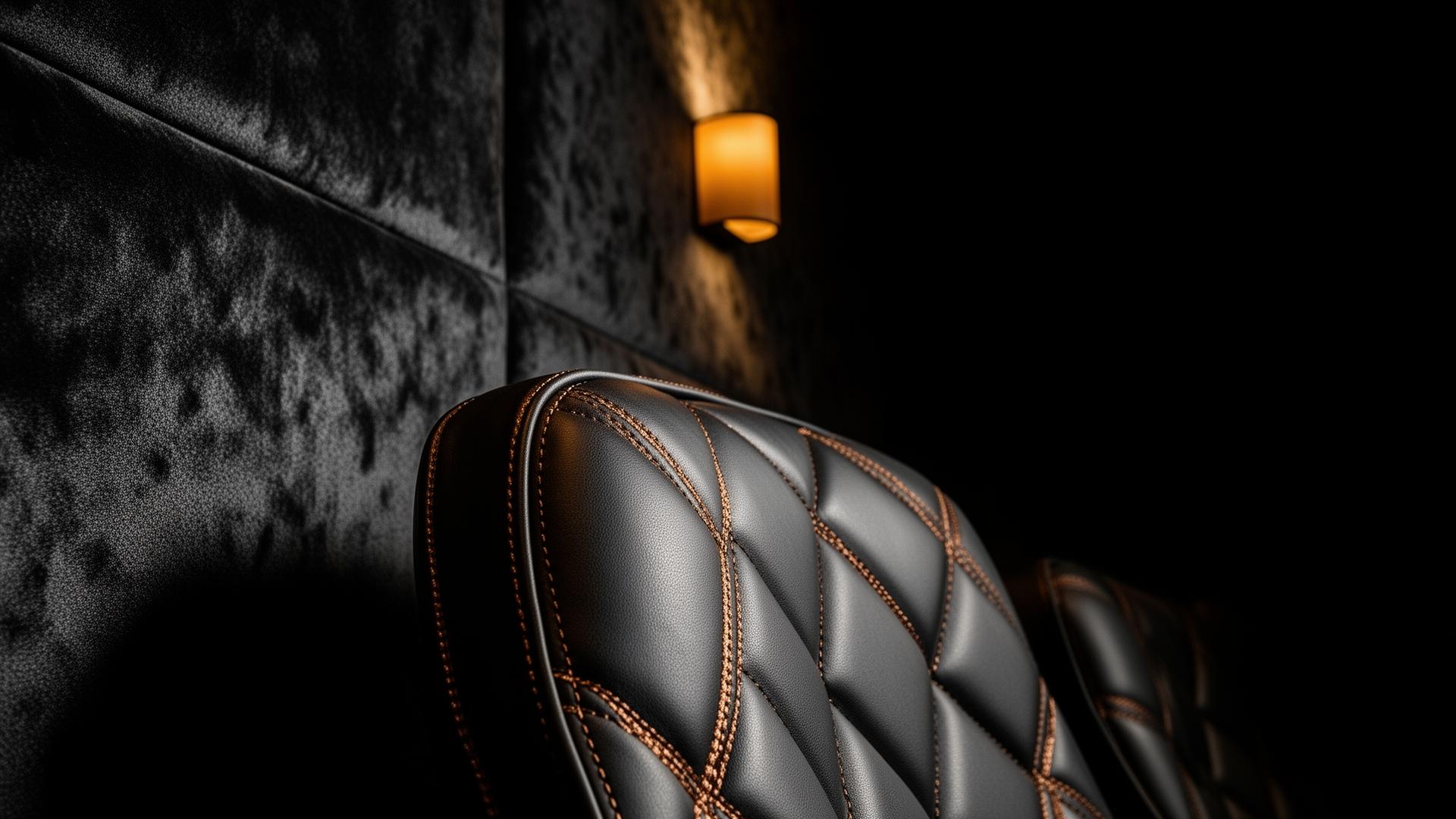 Quilted leather seat detail with single amber sconce