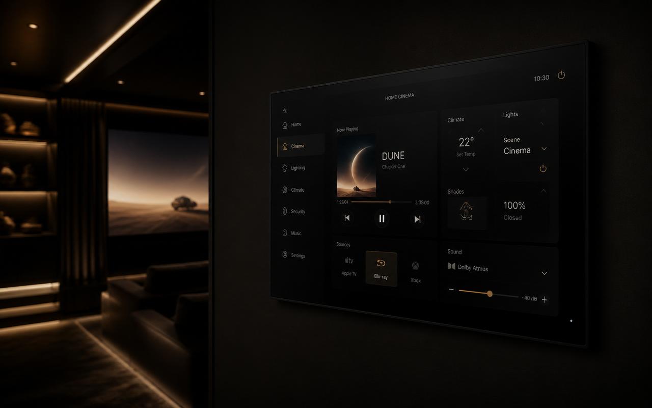 Elegant home automation touchscreen controlling a private cinema environment